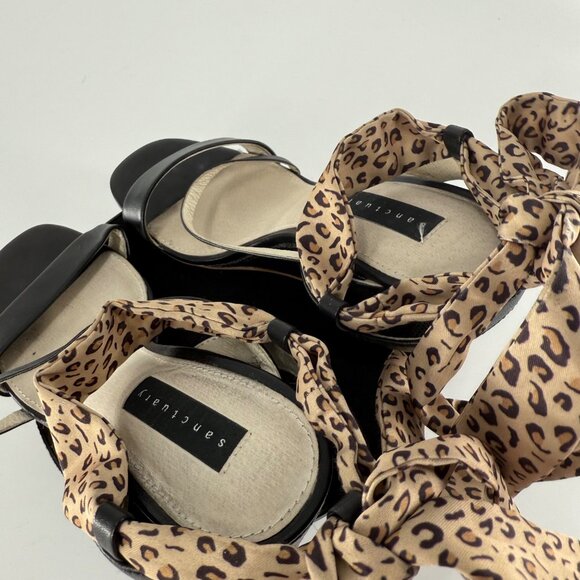 Sanctuary Whimsy 7M Black Leather Upper Wedge Sandals W/ Leopard Scarf Strap - Picture 8 of 11